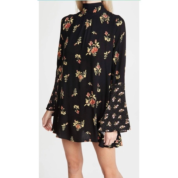 NWOT Free People Tate Floral print mock neck tunic mini dress open back bow L - Picture 1 of 12